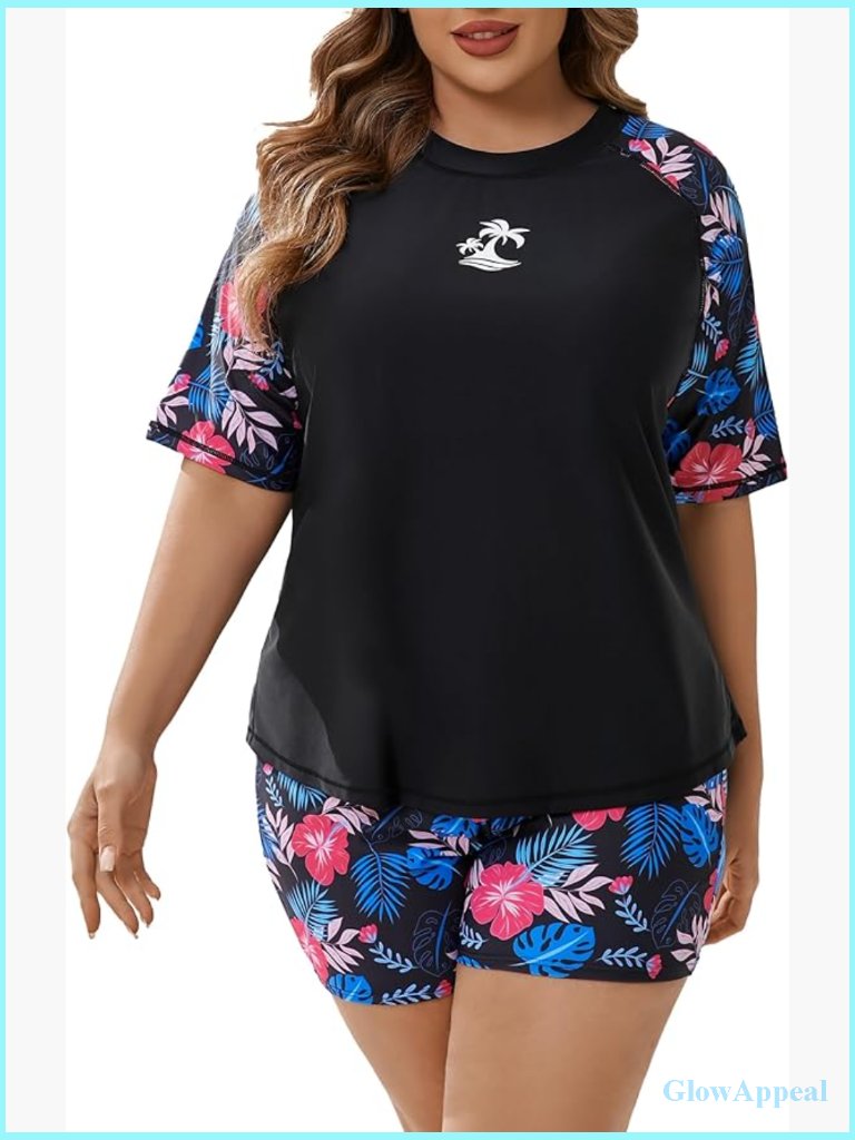 Plus Size Upf50+ Rash Guard With Built In Bra & Shorts Set